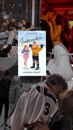 two people kissing in front of an ice rink with posters on the wall behind them