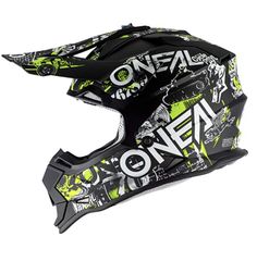 the oneal helmet is shown with green and black designs on it's face