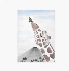 a painting of a giraffe with a butterfly on it's head