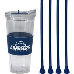 the san antonio spurs travel tumbler is next to three black straws and two plastic cups