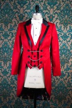 "Vintage style white tie in stunning red, and cut to fit a woman. The tailcoat features low-cut peak lapels (with black satin trim) and pointed tails.  The fabric is amazing superfine merino wool menswear suiting. The vest is a backless halter style piece that translates a traditional white tie element into something utterly feminine. A red tuxedo stripe pant completes the look. If you want something unique----and don't want to wear a dress---it can be almost impossible to fine amazing women's f Elegant Red Costume Outerwear, Red Fitted Blazer For Costume Party, Tailcoat Vest, Fake Ppl, Collage Project, Red Tuxedo, Pique Shirt, Fancy Clothes, Pant For Women