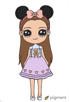 a cartoon girl with big ears and a bow on her head, wearing a purple dress