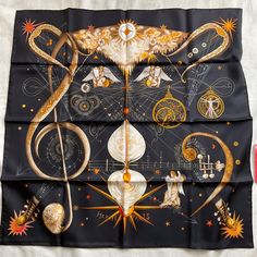 Nwt W/Box Hermes 90 Square Silk Scarf Music Note Musician Universe Yellow Orange Black 89 By 87cm 35by 34.2 In 9 Square, Hermes Accessories, Square Silk Scarf, Music Note, Music Notes, Yellow Orange, Silk Scarf, Orange Black, Womens Scarves