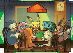 a group of cartoon characters sitting around a dining room table with cards in front of them