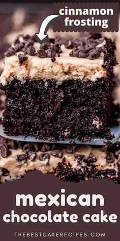 a close up of a piece of cake on a plate with the words mexican chocolate cake above it