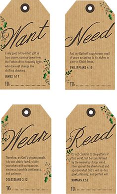 four tags with the words wear read written on them and holly leaves in brown paper