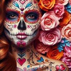 Sugar skull makeup is a colorful and artistic face painting style inspired by the Mexican holiday, Día de los Muertos (Day of the Dead). It involves using bright colors, white and black paint to create designs on the face that resemble ornate sugar skulls. People wear this makeup to celebrate and remember loved ones who have passed away, especially on November 2nd, the Day of the Dead. Easy, pretty, simple, tutorial, diy, ideas, half face, colorful, men, kids. Sugar Skull Face Paint Easy, Easy Sugar Skull Makeup Tutorial, Sugar Skull Simple Makeup, Mexican Skull Face Paint, Sugarskull Facepainting, Sugar Scull, Skull Face Paint