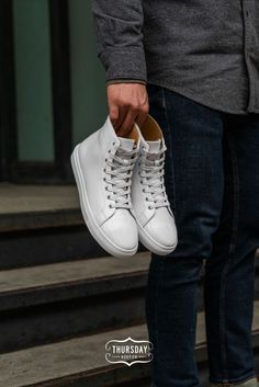 Minimal Leather Sneakers! White Leather High-top Sneakers For Everyday, White Leather Sneakers With Leather Lining, White Leather High-top Sneakers With Leather Sole, Thursday Boot Company, Thursday Boots, Men's High Top Sneakers, Boot Companies, High Top Sneaker, Mens High Tops