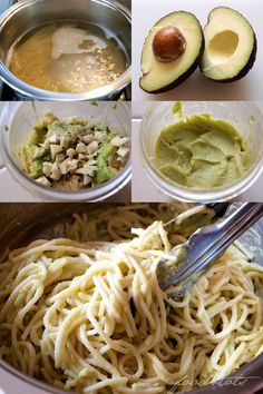 avocado, pasta and other ingredients in bowls