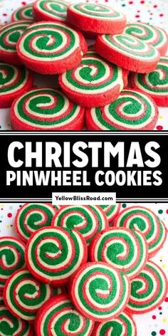 christmas pinwheel cookies are stacked on top of each other with the words, christmas pinwheel cookies