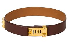 Hermès collier de chien vintage belt. Brown epsom leather and goldtone metal hardware. Buckle has been moved. Comes with original duster. Elephant Logo, Belt Brown, Vintage Belt, Vintage Belts, Christian Lacroix, Brand Collection, White Gloves, Tag Sale, Vintage Chanel