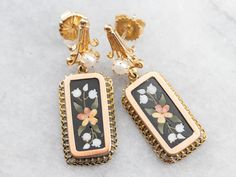 Antique Pietra Dura and Pearl Drop Earrings