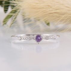 14k solid white gold dainty & small purple amethyst promise ring for her,Delicate minimalist vintage style art deco amethyst engagement ring WE OFFER UNLIMITED PERIOD INSTALLMENTS PLAN This is a beautiful, stunning, feminine ring that works well for all occasions, styles, and ages. You will love it! Ring information: Main stone: Amethyst Approximate size: 2.5mm Accent stones: White cubic zirconia Approximate size: 1.25mm (4 stones) Metal type: Gold Metal stamp: 14k Gold Installment Payments Purple Promise Ring, Elegant Amethyst Birthstone Ring In Cubic Zirconia, Dainty Amethyst Wedding Ring With Prong Setting, Elegant Purple Birthstone Ring With Round Cut, Elegant Purple Round Cut Birthstone Ring, Elegant Purple Birthstone Promise Ring, Elegant Amethyst Birthstone Ring With Prong Setting, Dainty Diamond Birthstone Ring With Gemstone, Elegant Amethyst Cubic Zirconia Birthstone Ring