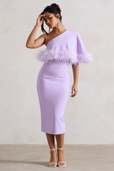 Victory | Lilac Asymmetric Midi Dress With Feather Trim Chic Lavender Knee-length Midi Dress, Fitted Midi Dress With Feather Trim For Summer, Fitted Feather Trim Midi Dress For Cocktail, Evening Midi Dress With Feather Trim, Chic Purple One-shoulder Midi Dress, Lavender Midi Dress For Party, Chic Lavender Midi Dress For Evening, Purple Knee-length Midi Dress For Cocktail, Chic Lavender Midi Dress For Party