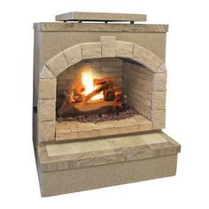 an outdoor fireplace with logs and rocks on the outside, set against a white background