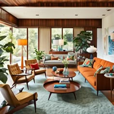 a living room filled with lots of furniture and plants on top of the couches