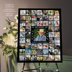 a collage of photos with the words in memory is displayed next to a bouquet of flowers