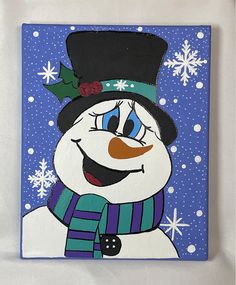 a painting of a snowman wearing a hat and scarf