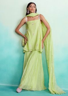 The Right Cut-Limefinity Kurta And Sharara Set-INDIASPOPUP.COM Diwali Party Outfits Women, Pastel Bridesmaid Dresses Indian, Lime Green Indian Outfit, Green Traditional Wear With Gota Work For Spring, Spring Green Traditional Wear With Gota Work, Spring Chanderi Sharara With Traditional Drape, Spring Festive Sharara With Cutdana, Green Resham Embroidered Sharara For Spring, Green Sharara With Resham Embroidery For Spring