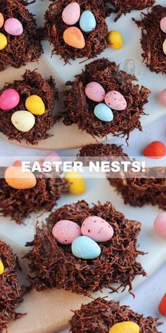 chocolate nests filled with candy eggs on a plate