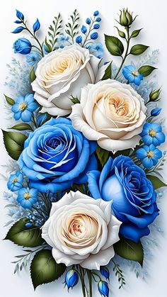 blue and white roses with green leaves on a white background, digital painting by numbers