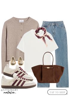 Knit cardigan, white T-shirt, high straight jeans, adidas samba trainers,satin scarf, suede tote bag & gold earrings. Autumn outfit, burgundy outfit, casual everyday outfit.  #liketkit #LTKshoes #LTKstyletip #LTKautumn #adidassamba #cardigan #knitwear #jeans #casualwomensfashion #autumnoutfit #transitionalfalllook #earlyfalloutfit #burgundy #aw24 #fw24  @shopLTK Hm Outfits, High Straight Jeans, Trainers Outfit, Suede Tote Bag, Knitwear Outfit, Fall Transition Outfits, Satin Scarf