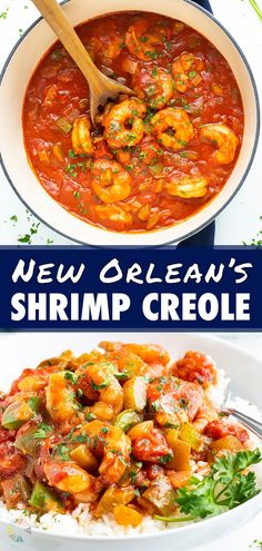 shrimp and tomato stew in a white bowl with a wooden spoon next to the dish