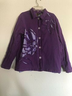 Marisol Purple flower sequined accents Button up Women's Shirt size large. #1224 Long Sleeve Sequin Shirt For Fall, Spring Long Sleeve Embellished Shirt, Purple Floral Embroidered Top For Fall, Purple Floral Embroidery Top For Fall, Casual Long Sleeve Sequin Tops, Spring Long Sleeve Sequin Shirt, Spring Embellished Cotton Shirt, Long Sleeve Sequin Shirt For Spring, Casual Long Sleeve Embellished Top