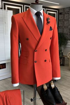 Elegant Fitted Orange Suit, Fitted Orange Outerwear With Notch Lapel, Red Fitted Long Sleeve Tuxedo, Tailored Orange Blazer For Business, Formal Orange Single Breasted Blazer, Orange Tailored Suit With Notch Lapel, Formal Fitted Orange Outerwear, Orange Fitted Formal Outerwear, Red Lapel Collar Suit For Office