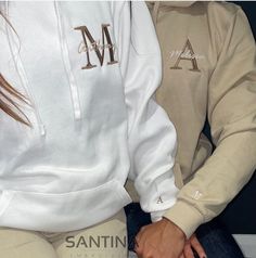 custom embroidered his and hers couple relationship anniversary hoodies, initials on sleeve, boyfriend girlfriend name gift, Christmas jumper, personalised gift for boyfriend girlfriend husband and wife.  Embroidered matching hoodies personalised with your Initial large on the chest, and your soulmates name written across in scripted font, with their initial subtly embroidered on the sleeve too. The cutest gift for your loved one to celebrate your love and relationship together, Sold separately so order two for a matching set.  The ideal couple gift for celebrate this Christmas together, valentines day, your anniversary or your partners birthday.  -Main images show dark beige / white / cream thread. Christmas Couple Gifts, Anniversary Hoodies, Christmas Gift For Boyfriend, Boyfriend Day, Relationship Anniversary, Boyfriend Names, Couple Matching Outfits, Hoodie Diy, Boyfriend Personalized Gifts