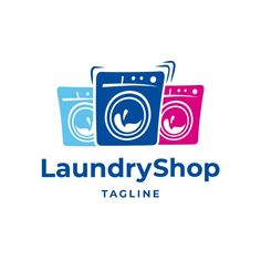 the logo for laundry shop tagline is multicolored and has two washing machines