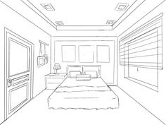 a line drawing of a bedroom with a bed