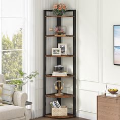 a corner shelf in a living room filled with furniture