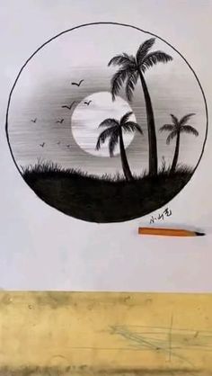 a drawing of two palm trees on a white board with a pencil in the foreground