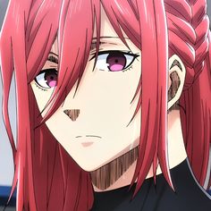 an anime character with red hair and pink eyes