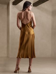 Divine Silk One-Shoulder Dress | Banana Republic Dried Yarrow, Satin Backless Dress, Salmon Dress, Bronze Dress, Silk Wrap Dresses, Guest Attire, Silk Slip Dress, Silk Slip, Silk Charmeuse