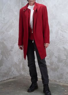 Rare vested coat in crimson red wool from the  Vivienne Westwood MAN collection from 1998-1999. Features a built in waist coat with two way zipper, D ring strap closure at neckline and open vented underarms.  Fully lined, Made in Italy Circa: 1998-199 Label:  Vivienne Westwood Man Material: Wool blend Condition: EXCELLENT Vintage showing only light wear Modern Sizing: Best fits for modern mens size S-M, depending on desired fit or  women's fit S-L (Marked UK52) - Shoulders: 20"// Chest: 44"// Wa Red Wool Outerwear For Formal Occasions, Red Wool Coat For Winter Formal Events, Red Wool Coat For Winter Formal, Men In Vivienne Westwood, Formal Red Wool Coat, Red Wool Long Coat, Vivian Westwood Menswear, Fitted Red Wool Long Coat, Vivienne Westwood Tartan Jacket