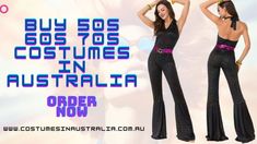 two women in black outfits with the words buy 80s's costumes in australia order now