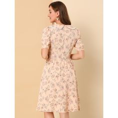 Designed as a lightweight midi option, this cute regular-fit floral dress has a flattering empire line silhouette. Lightweight and flowing, the flared silhouette is decorated in neutral flowers and is trimmed with pretty lace detailing. Pair it with strappy sandals or elegant high heels and add a clutch for a wedding guest look. Occasion: Vacation, Weekend, Gathering, Casual, Beach, Date, Wedding. Beige Floral Print Mid-length Dress, Beige Mid-length Floral Print Dress, Feminine Beige Floral Dress With Ditsy Print, Feminine Beige Ditsy Floral Dress, Beige Feminine Ditsy Floral Dress, Feminine Ditsy Floral Knee-length Dress, Beige Midi Dress With Ditsy Floral Print, Knee-length Ditsy Floral Print Dress For Daywear, Feminine A-line Floral Dress For Daywear