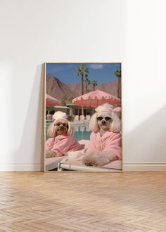 two poodles wearing pink clothes sitting in front of a pool