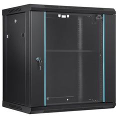 an empty black metal cabinet with blue trim