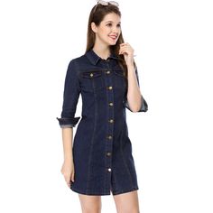 Enliven your wardrobe with this cute denim shirt dress. This piece is cut to a flattering mini length and features a classic collar neckline and the front button placket. It creates a feminine silhouette and is finished with shiny buttons and contrast stitching. Pair it with canvas trainers for the perfect off-duty ensemble. Occasion: holiday, weekend gathering, daily wear, etc. Button Down Denim Dress, Feminine Silhouette, Denim Shirt Dress, Sleeve Women, Holiday Weekend, Mid Dresses, Mini Shift Dress, Linen Women, Jeans Dress