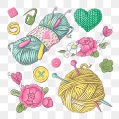 some knitting items and flowers on a checkered background png clipart free for personal use