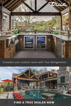 an outdoor kitchen with refrigerators and sink under the roof, next to a pool