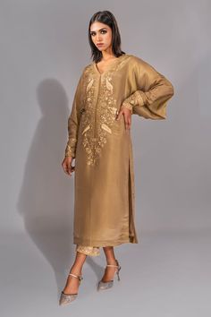 Golden brown kaftan with sequin, zari floral pattern hand embroidery. Comes with matching trouser. - Aza Fashions Trouser Pattern, Madhuri Dixit, Luxury Sale, Buy Gold, Modern Bride, Golden Brown, Set For Women, Aza Fashion, Hand Embroidered