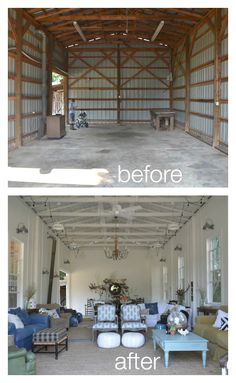 before and after photos of a living room in an old barn with exposed wood beams