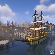 Minecraft Cities, Medieval Ship, Minecraft Statues, City By The Sea, Minecraft Room, Minecraft City