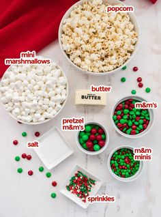 the ingredients for christmas popcorn are shown in bowls