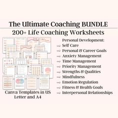 the ultimate coaching bundle includes 20 coaching worksheets for coaches, personal development and self - care