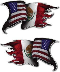 two american and mexican flags with flames